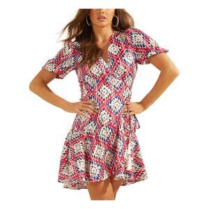 GUESS Womens Pink Ruffled Tie Pouf Surplice Neckline Short Faux Wrap Dress XS